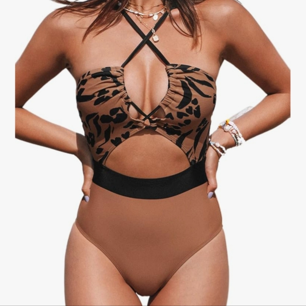 Cupshe Brown and Black Animal Print Swimsuit XS